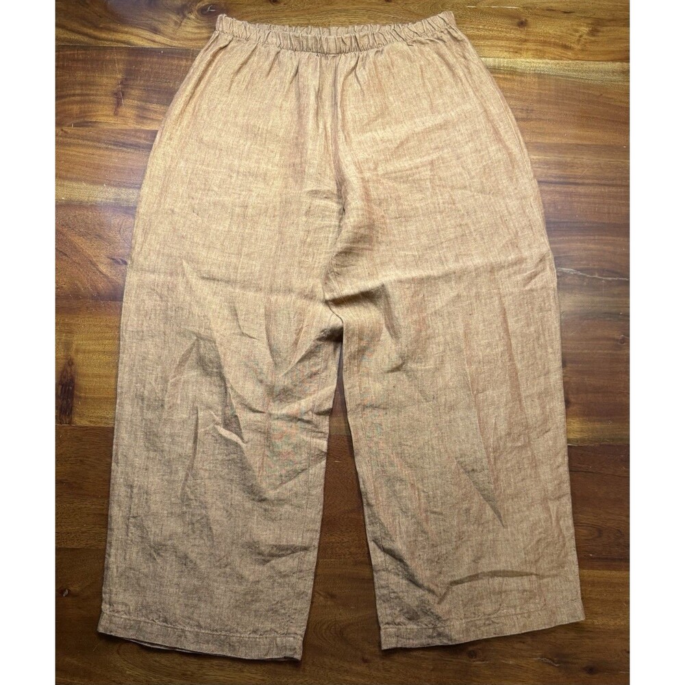 EILEEN FISHER Medium Irish Linen Wide Leg Cropped Pants Elastic Waist Brown Sz M